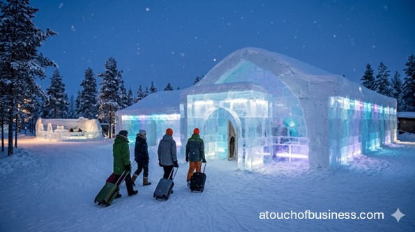 A glowing Ice Hotel entrance welcomes new guests arriving at dusk in a snowy arctic landscape.