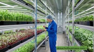 A worker inspects trays of diverse microgreens, including pea shoots and radish, growing on vertical racks with LED lights.