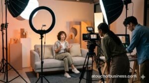 Influencer filming content with professional lighting and production equipment in an agency studio.