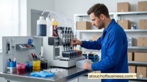 Technician operating automated ink cartridge refilling machine in a tidy workshop.