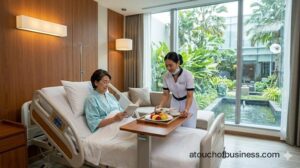 A patient recovers comfortably in a luxury private hospital room in Bangkok, attended by a nurse.