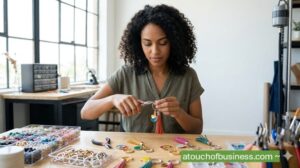 Artisan hand assembling colorful keychains at a modern studio workbench using pliers.