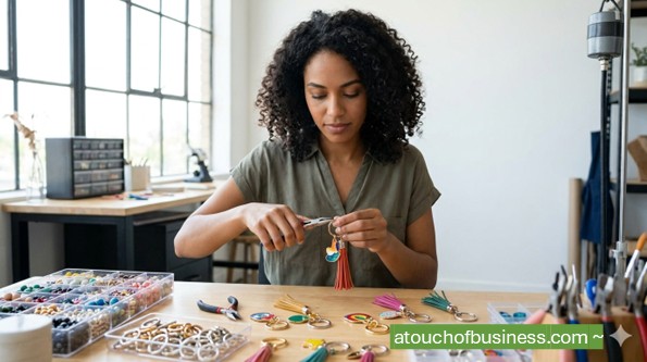 Artisan hand assembling colorful keychains at a modern studio workbench using pliers.