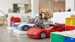 Bright showroom entrance of a modern children's furniture store with mother and daughter browsing cribs.