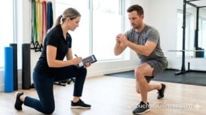 A female kinesiologist uses a tablet to assess a male client performing a single-leg squat in a clinic.