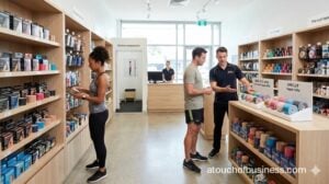 Customers browse colorful kinesiology tape rolls on modern wooden shelves in a bright, organized sports medicine retail store.