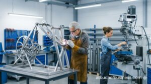 A welder joins steel components on a large kinetic sculpture frame while a machinist mills a part in a modern workshop.
