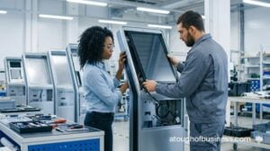 Two technicians assembling components, installing a touchscreen into a metal kiosk shell on a manufacturing floor.