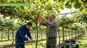 Two male farmworkers pruning lush green kiwi vines on a modern trellis system, with sunlight filtering through leaves.