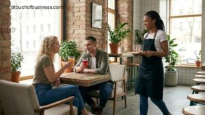 Customers enjoy conversations and freshly served kombucha drinks in a light-filled, comfortable cafe seating area.