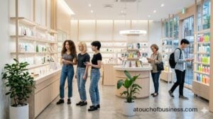 Wide interior shot of a modern Korean cosmetics shop showing diverse customers browsing colorful skincare and makeup displays.
