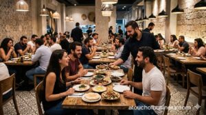 Candid shot of a diverse group of unique diners enjoying authentic Lebanese cuisine in a bustling, modern restaurant at night.