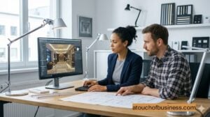 Lighting designers collaborating on 3D rendering software and blueprints in a modern studio.