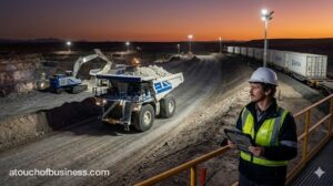 An electric mining truck moves spodumene ore at dusk as a supervisor with a tablet looks on.
