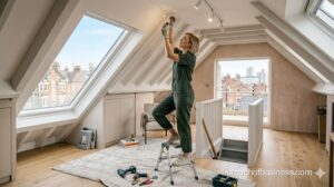 A female decorator installs modern track lighting in a brightly lit, finished residential loft conversion.