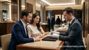A salesperson presents a luxury wristwatch on a velvet tray to a seated couple in a modern boutique.