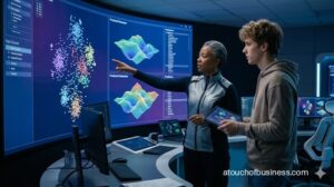 Diverse ML engineers review complex Python algorithms and neural network data visualizations on multiple screens.