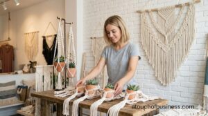 A macrame artist meticulously ties knots on a large cotton wall hanging in a bright, organized fiber arts studio.