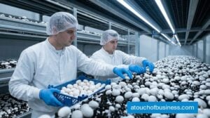Workers harvesting fresh white button mushrooms in a sterile indoor farm.