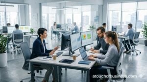 Modern market research team analyzing data on multiple screens in a contemporary office.