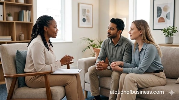 Couple listening to a female counselor in a modern marriage counseling office setting.