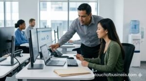 A supervisor and specialist discuss records in a modern medical billing office, illustrating team collaboration.
