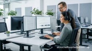 Professional medical transcriptionist at work with headphones and foot pedal in modern office.