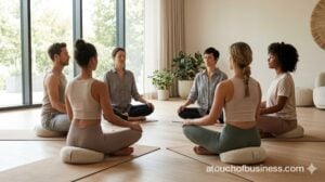 A diverse group participates in a guided meditation session within a modern, light-filled professional studio.