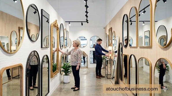 Mirror store interior with diverse framed displays and customer looking at decorative gold mirror.