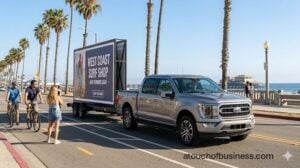 Pickup truck towing a static vinyl mobile billboard trailer advertising a surf shop near a beach.