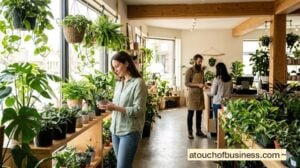 Wide interior shot of a houseplant shop with diverse green plants, wooden shelves, and customers browsing.