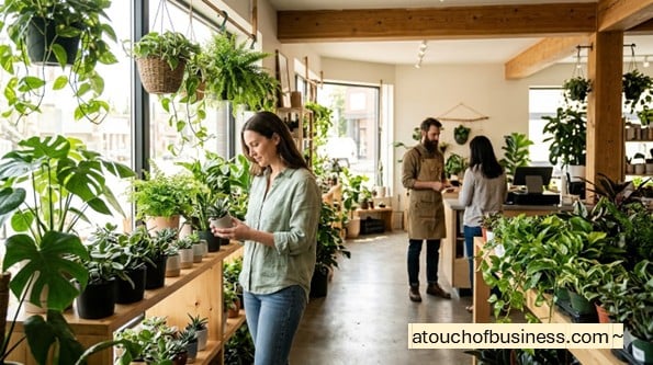 Wide interior shot of a houseplant shop with diverse green plants, wooden shelves, and customers browsing.