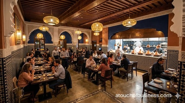 Dynamic shot of a busy Moroccan restaurant interior at night, featuring ornate lanterns and traditional tilework.