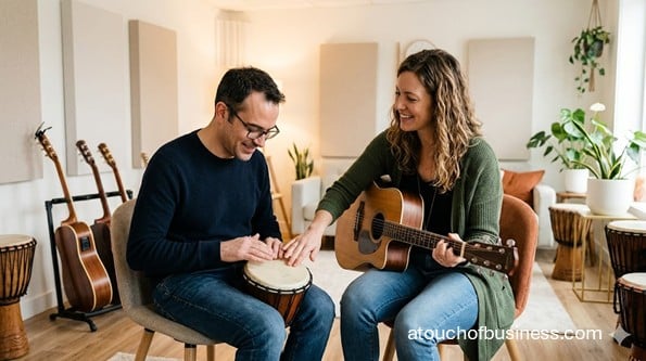 A music therapist guides an adult client playing a hand drum during a counseling session in a cozy, modern room.