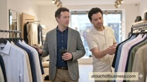 A discreet mystery shopper, wearing a casual jacket, observes customer service interactions while browsing a stylish boutique store.