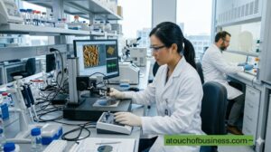 A scientist uses an atomic force microscope in a modern nanotechnology research lab.