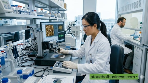 A scientist uses an atomic force microscope in a modern nanotechnology research lab.