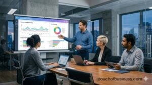 A diverse business team collaborating in a glass conference room, presenting an NLP sentiment analysis dashboard on a large screen.