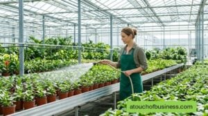 A woman waters rows of small potted plants inside a modern sunlit greenhouse.