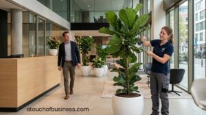 A technician maintains lush potted plants in a modern office lobby setting.