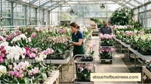 An Employee inspecting flowering orchids inside a modern commercial greenhouse nursery during the day.