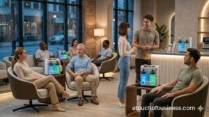 Wide view of busy oxygen bar lounge with diverse patrons and staff interacting.