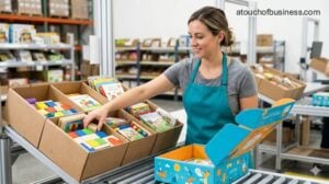 A woman in a colorful warehouse packing station assembling a children's subscription box with educational toys and books.