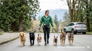 A professional dog walker navigating a paved park path with six happy dogs on leashes.