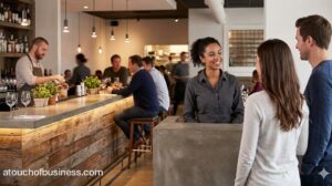 A smiling host greets a couple at the busy front entrance of a pasta restaurant near the bar area.