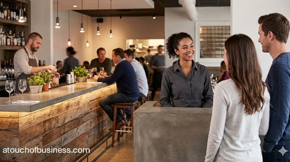 A smiling host greets a couple at the busy front entrance of a pasta restaurant near the bar area.
