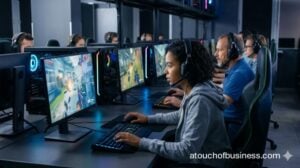 Gamers focused on intense competitive play at modern PC stations in an operational gaming center.