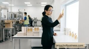 A quality control inspector holds a perfume bottle up to a light source, checking clarity at a modern inspection station.