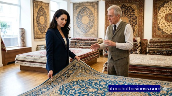 Elegant customer discussing intricate details of a traditional Persian rug with the store owner in a modern showroom.