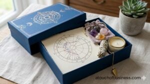 Close-up of a luxurious personalized astrology birth chart product kit with crystals and a pendulum.